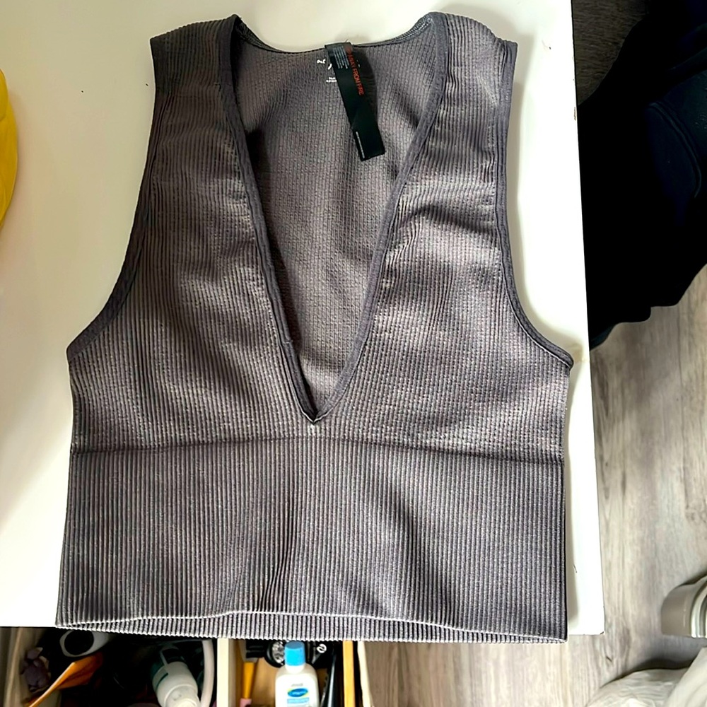 Urban Outfitters grey ribbed low V neck top